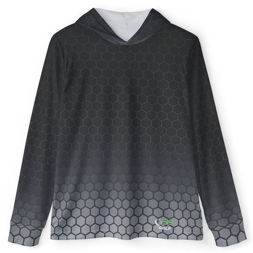 A long-sleeve hooded shirt with a dark gray and black hexagonal honeycomb pattern that fades into a light gray pattern at the bottom hem, featuring a small green and white logo on the lower right front.
