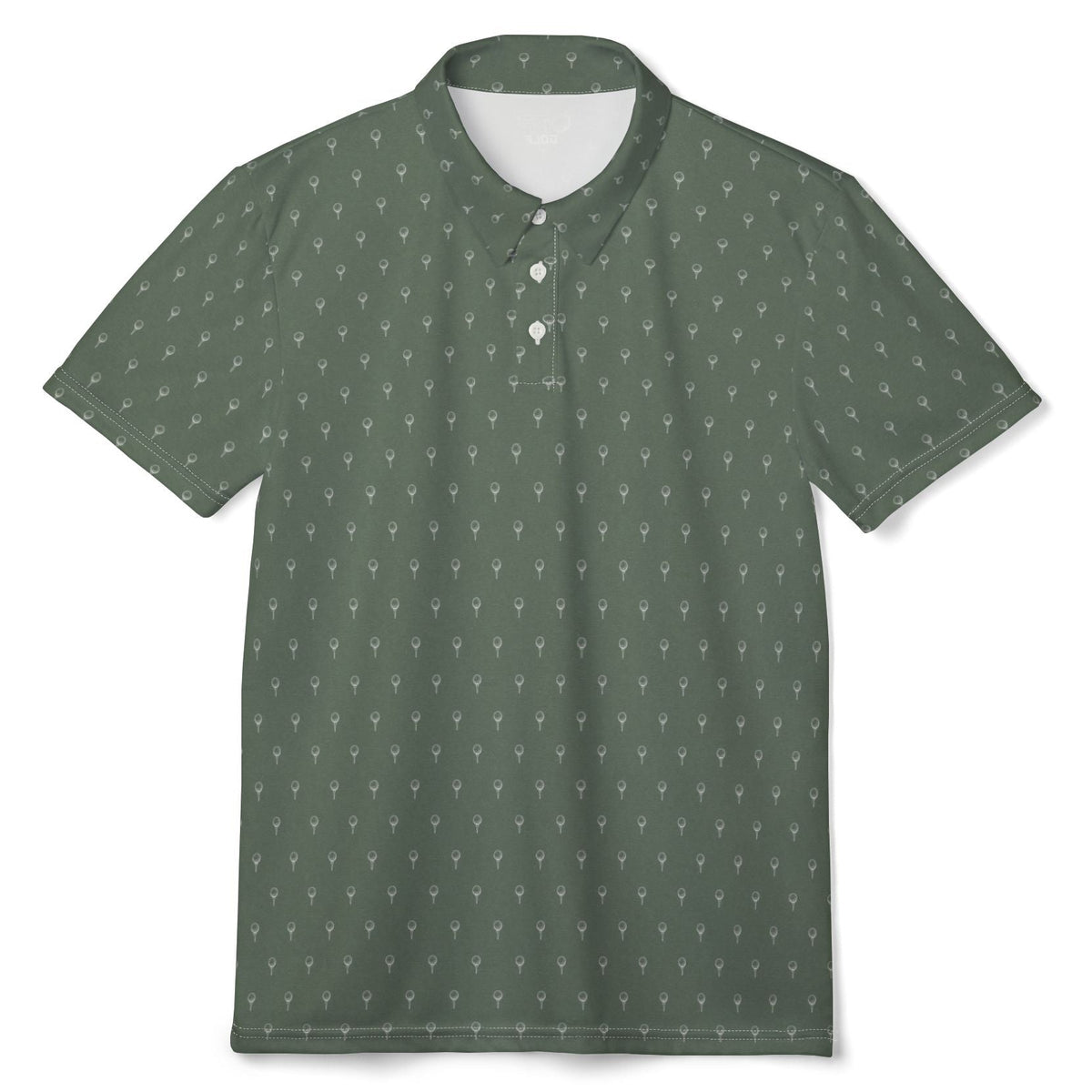 A short-sleeve polo shirt in a muted olive green color, featuring a repeating small white cross pattern across the fabric and a three-button placket, shown on a plain white background.