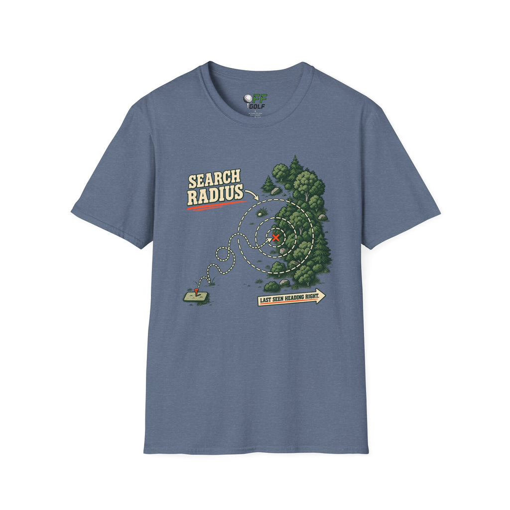 Golf Search Radius T-Shirt — Funny Golf Course Map Design (16 Colors)