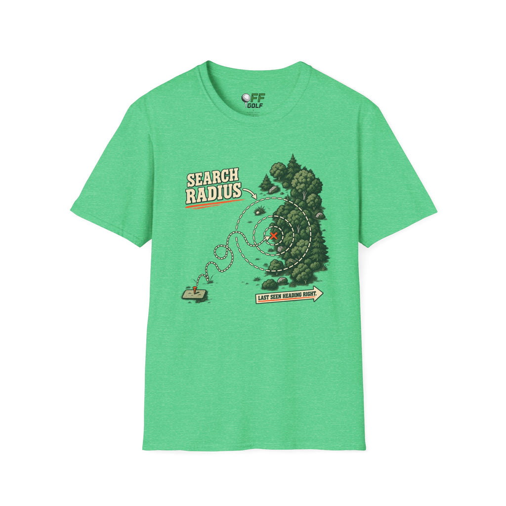 Golf Search Radius T-Shirt — Funny Golf Course Map Design (16 Colors)