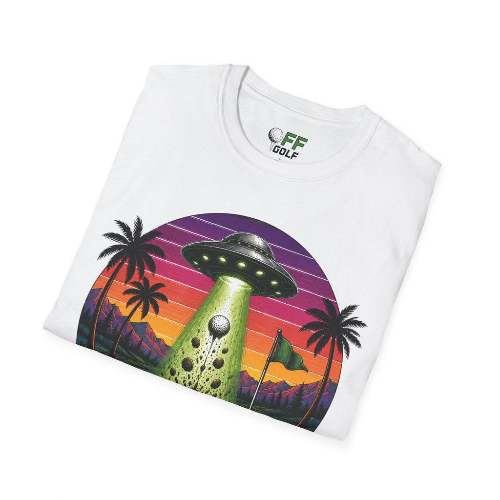 Alien Golf Retro Sunset T-Shirt — "Good Vibes & Bogeys" (16 colors)