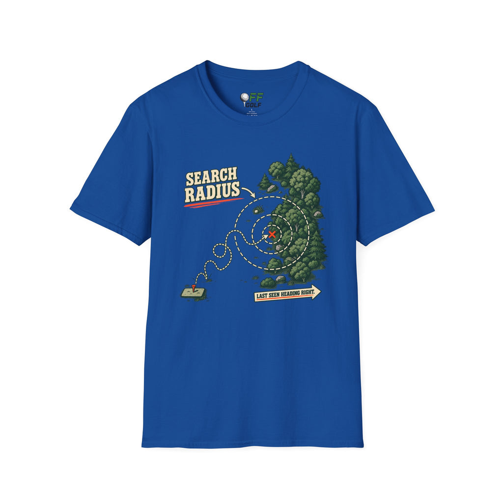 Golf Search Radius T-Shirt — Funny Golf Course Map Design (16 Colors)