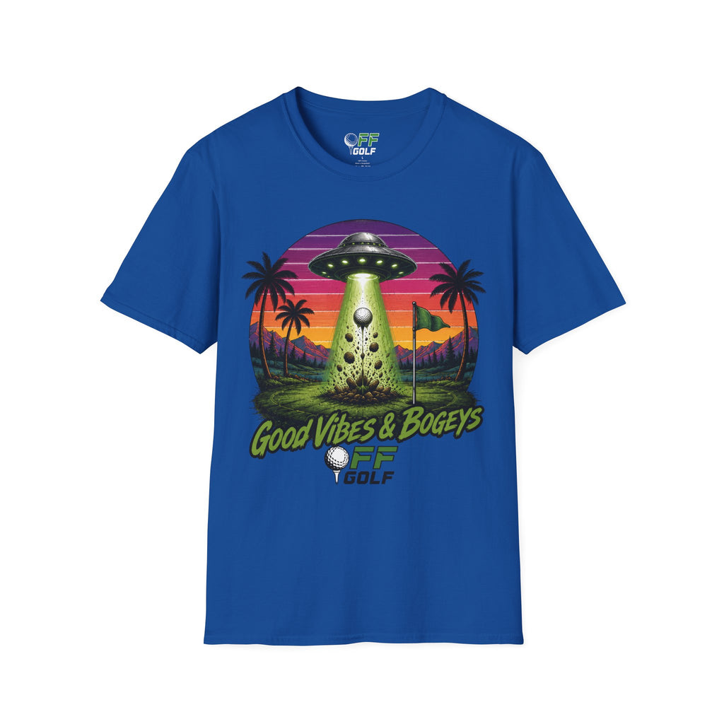 Alien Golf Retro Sunset T-Shirt — "Good Vibes & Bogeys" (16 colors)