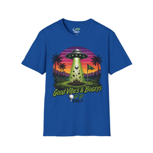 Alien Golf Retro Sunset T-Shirt — "Good Vibes & Bogeys" (16 colors)