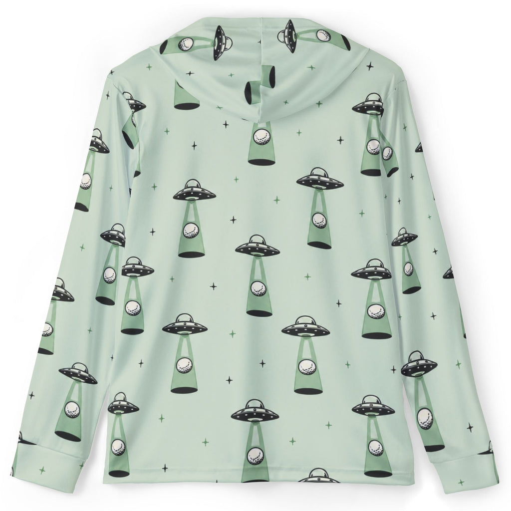 A long-sleeve hooded top in a pale mint green color, featuring an all-over print of retro flying saucers and small stars.