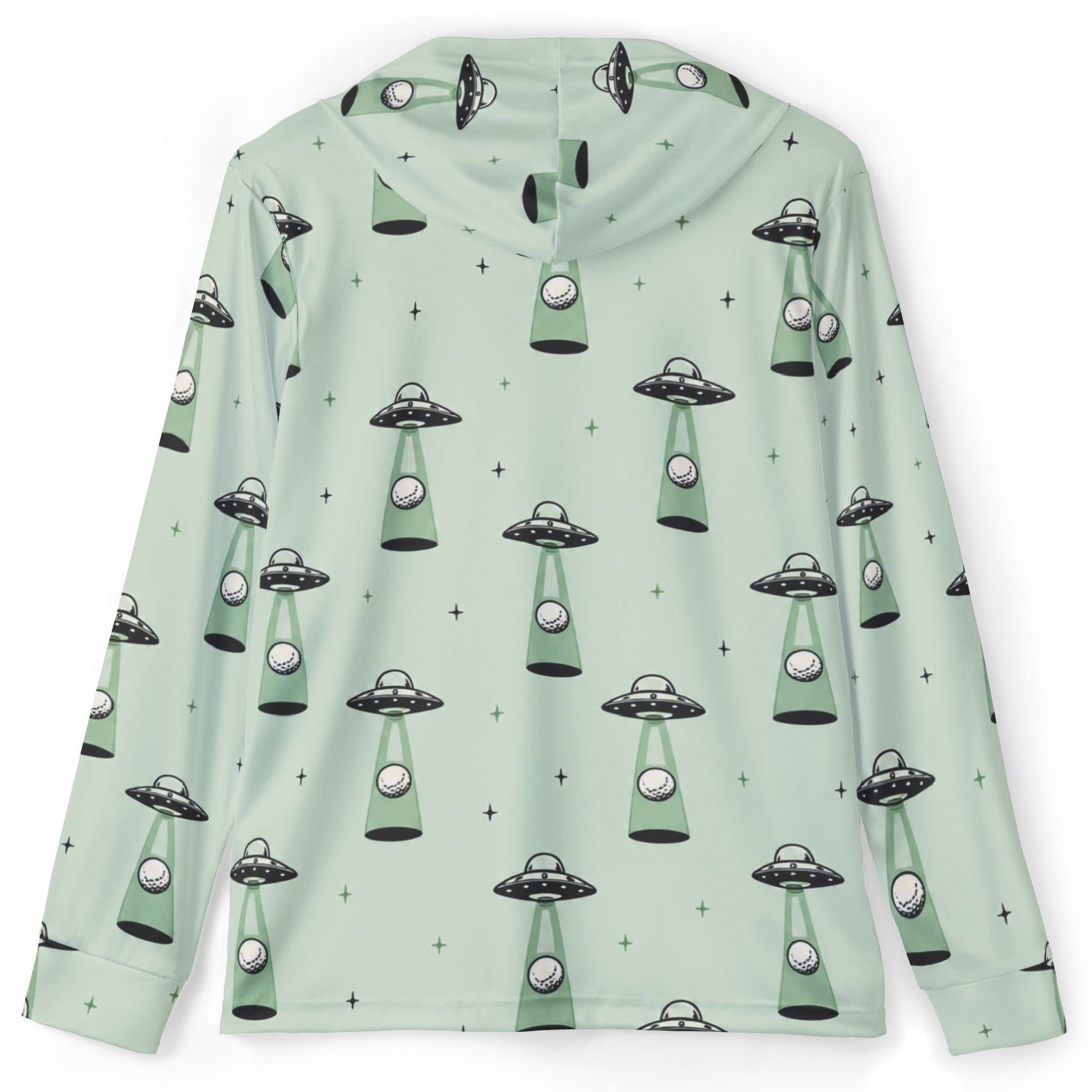 A long-sleeve hooded top in a pale mint green color, featuring an all-over print of retro flying saucers and small stars.