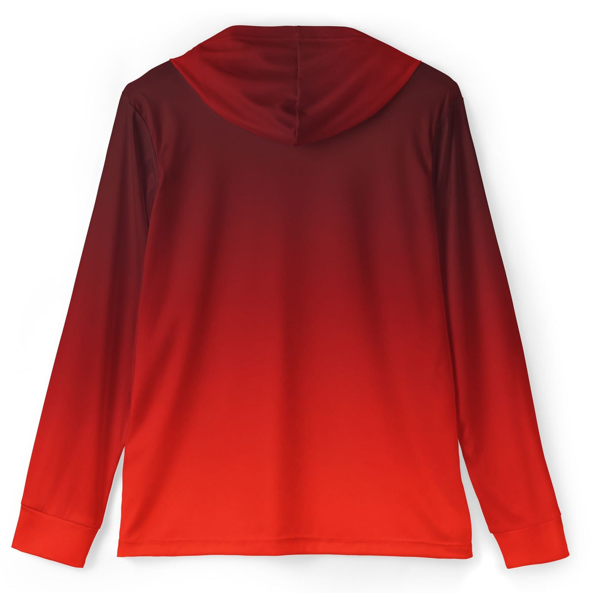 A long-sleeve hooded top shown from the back, featuring a smooth color gradient that transitions from deep burgundy at the top to bright red at the bottom, displayed on a clean white background.