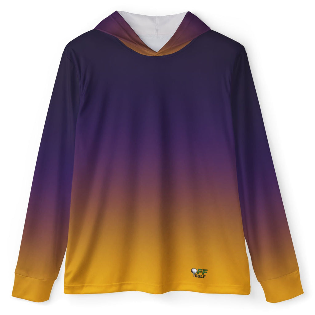 A long-sleeve hooded shirt with a smooth vertical gradient transitioning from deep purple at the top to bright yellow at the bottom, displayed on a clean white background.