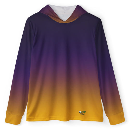 A long-sleeve hooded shirt with a smooth vertical gradient transitioning from deep purple at the top to bright yellow at the bottom, displayed on a clean white background.