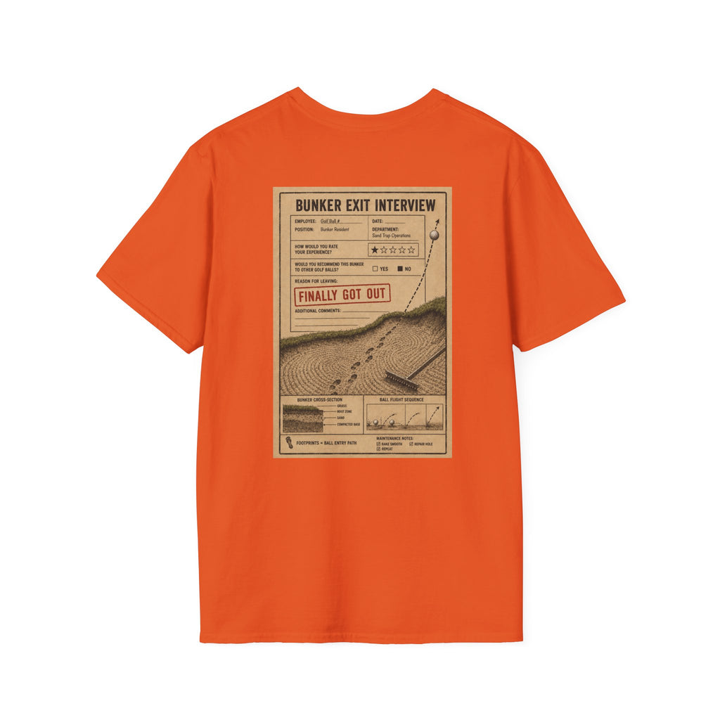 Bunker Exit Interview T-Shirt — Minimal Badge Graphic Tee (16 Colors)