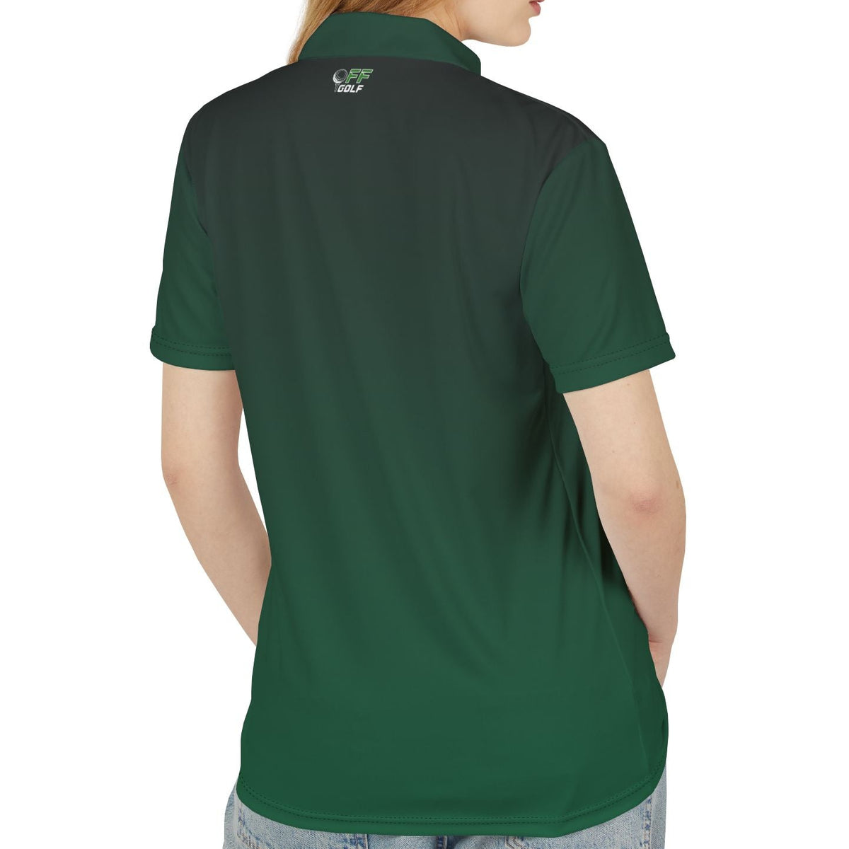 A woman shown from the back wearing a dark green short-sleeve polo shirt with a small embroidered logo on the upper back, paired with light blue jeans, against a plain white background.