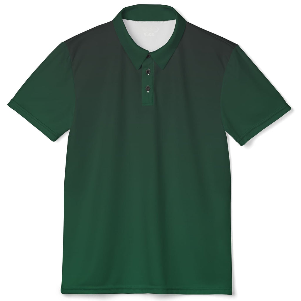 A short-sleeve polo shirt with a dark green body and contrasting black shoulder panels, featuring a three-button placket and a white inner collar, shown against a plain white background.