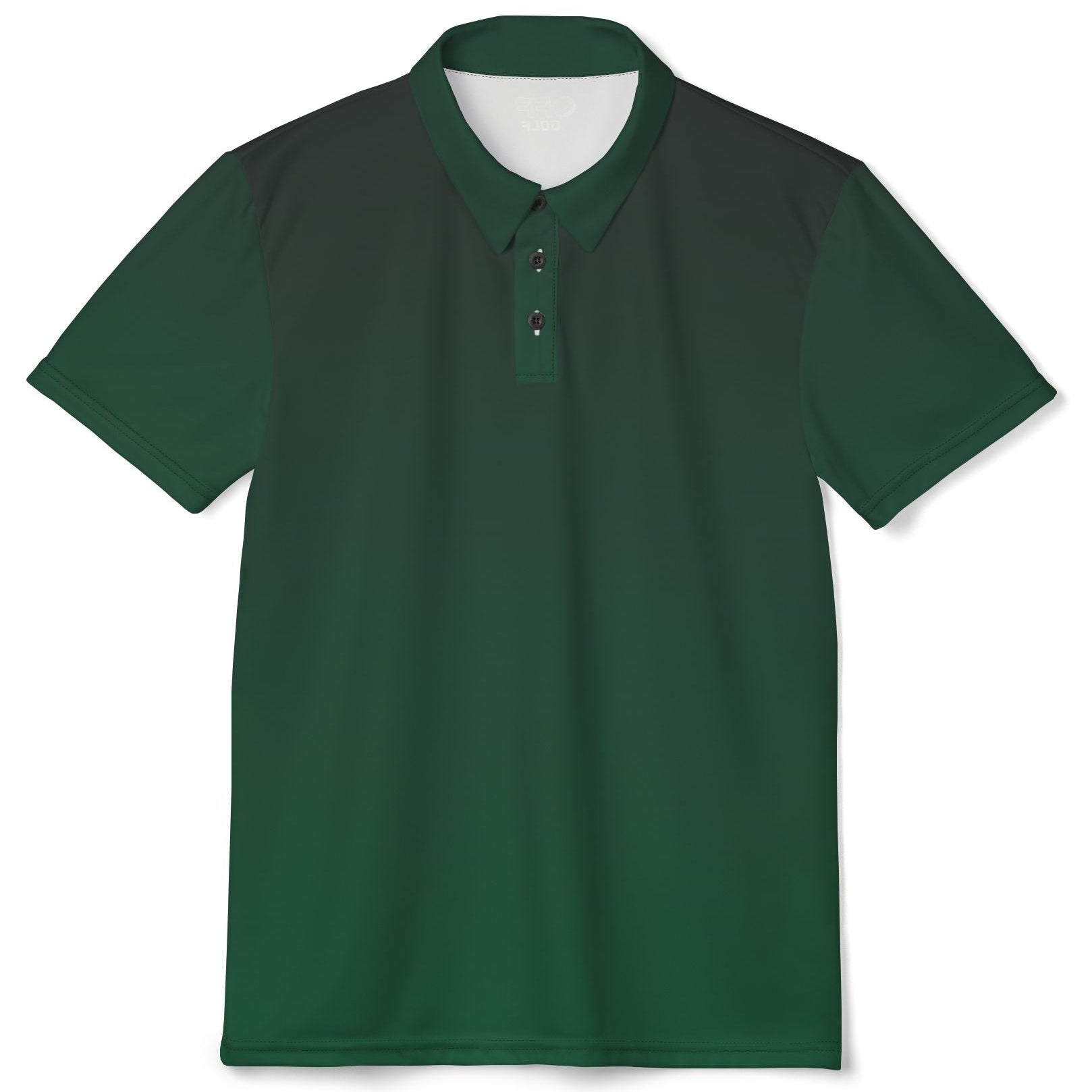A short-sleeve polo shirt with a dark green body and contrasting black shoulder panels, featuring a three-button placket and a white inner collar, shown against a plain white background.