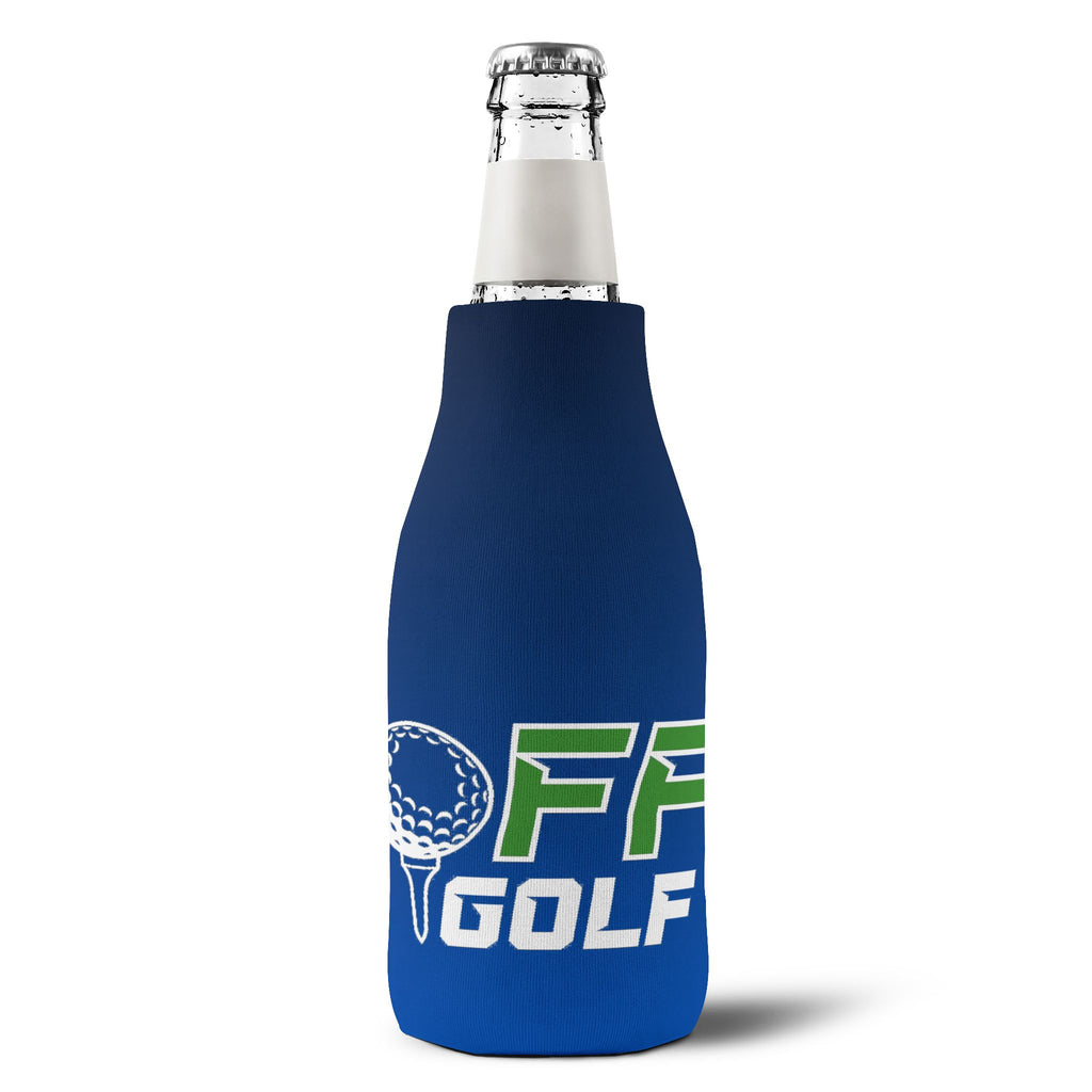 Golf Zip-Up Bottle Cooler Sleeve — Blue Neoprene Can Cooler with Zipper & Keyring (OFF Golf Logo)