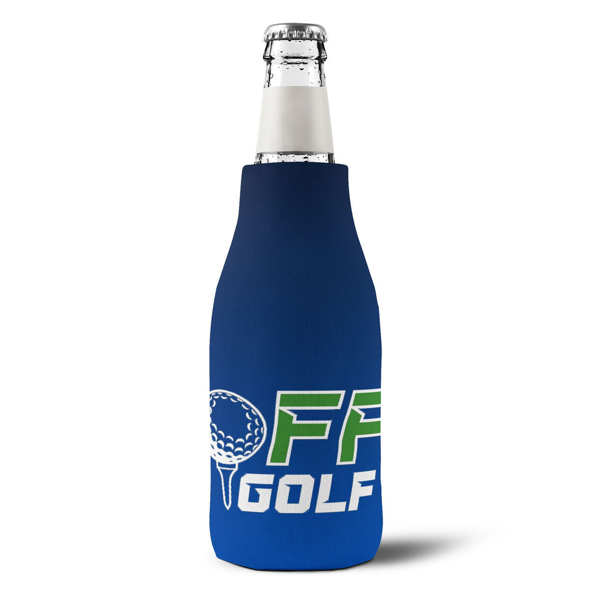 Golf Zip-Up Bottle Cooler Sleeve — Blue Neoprene Can Cooler with Zipper & Keyring (OFF Golf Logo)