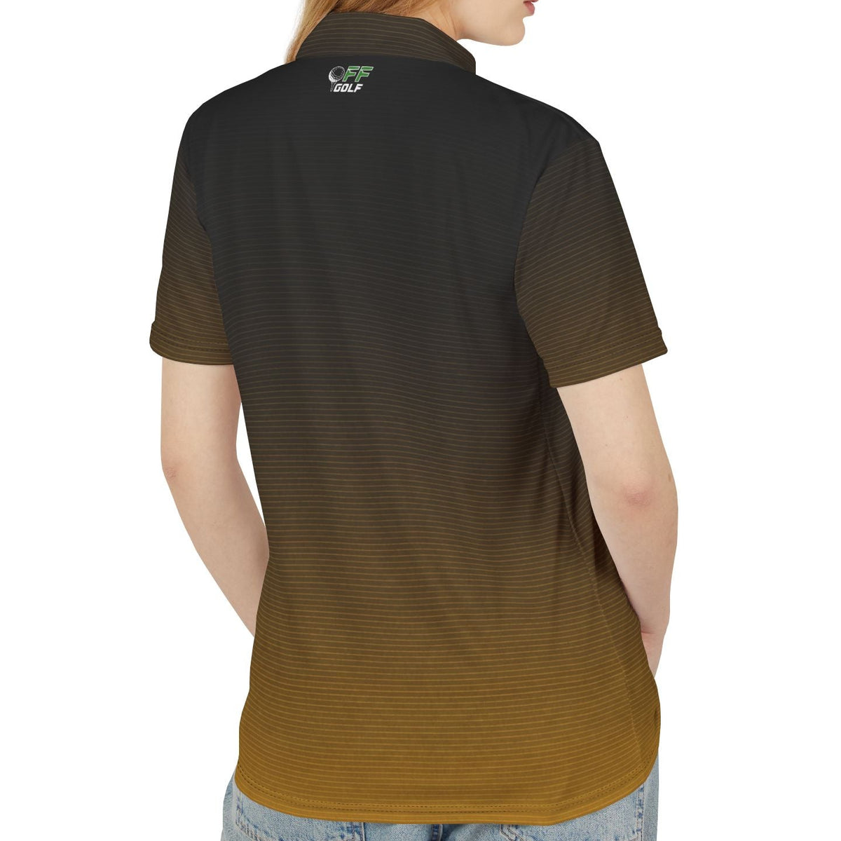 A woman shown from the back wearing a short-sleeve polo shirt with a vertical gradient design that transitions from black at the top to a dark olive-brown at the bottom. The polo features a small embroidered logo on the upper back.
