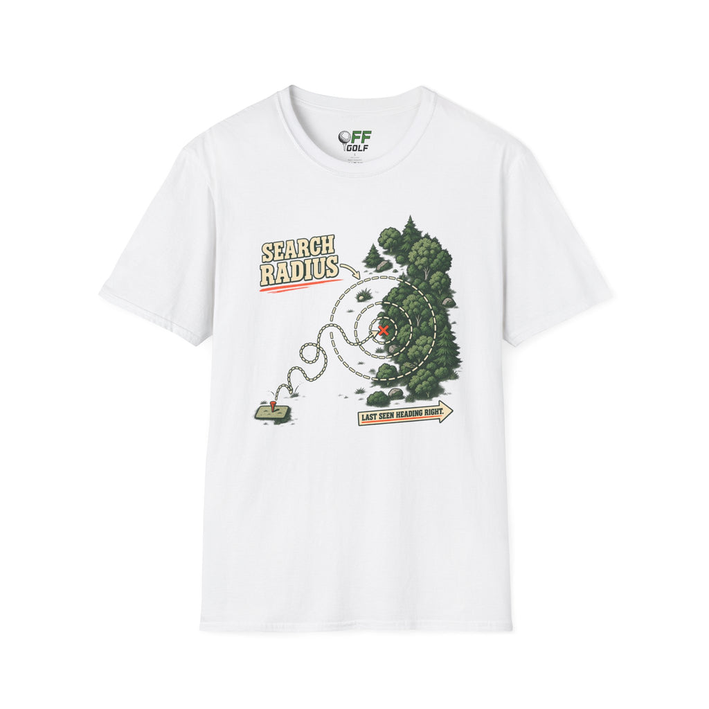 Golf Search Radius T-Shirt — Funny Golf Course Map Design (16 Colors)