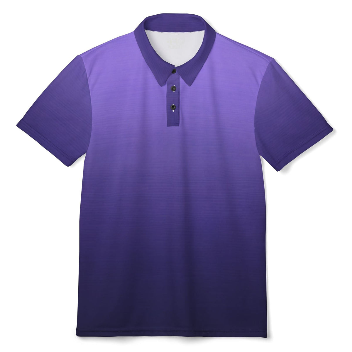 A short-sleeve polo shirt with a vertical color gradient transitioning from light purple at the collar and upper chest to a deep navy blue at the bottom, shown on a plain white background.