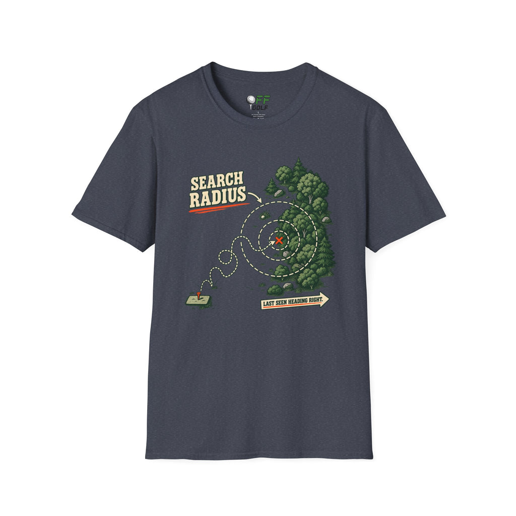 Golf Search Radius T-Shirt — Funny Golf Course Map Design (16 Colors)