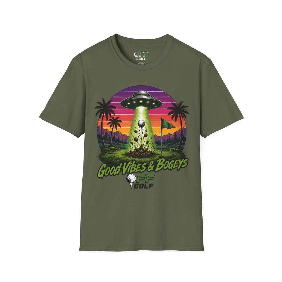 Alien Golf Retro Sunset T-Shirt — "Good Vibes & Bogeys" (16 colors)