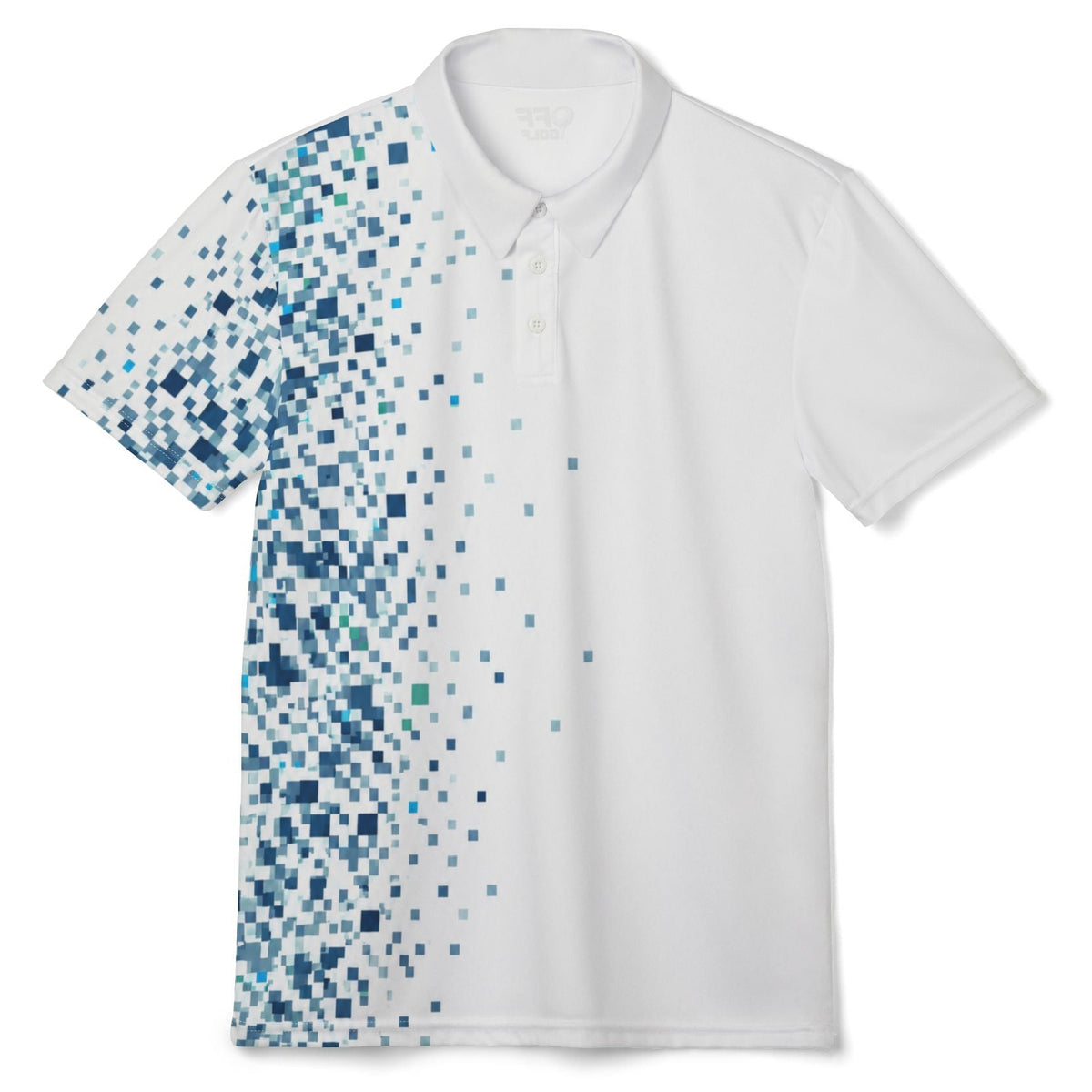 A white short-sleeve polo shirt with a blue pixelated digital gradient pattern on the left side, displayed on a clean white background.