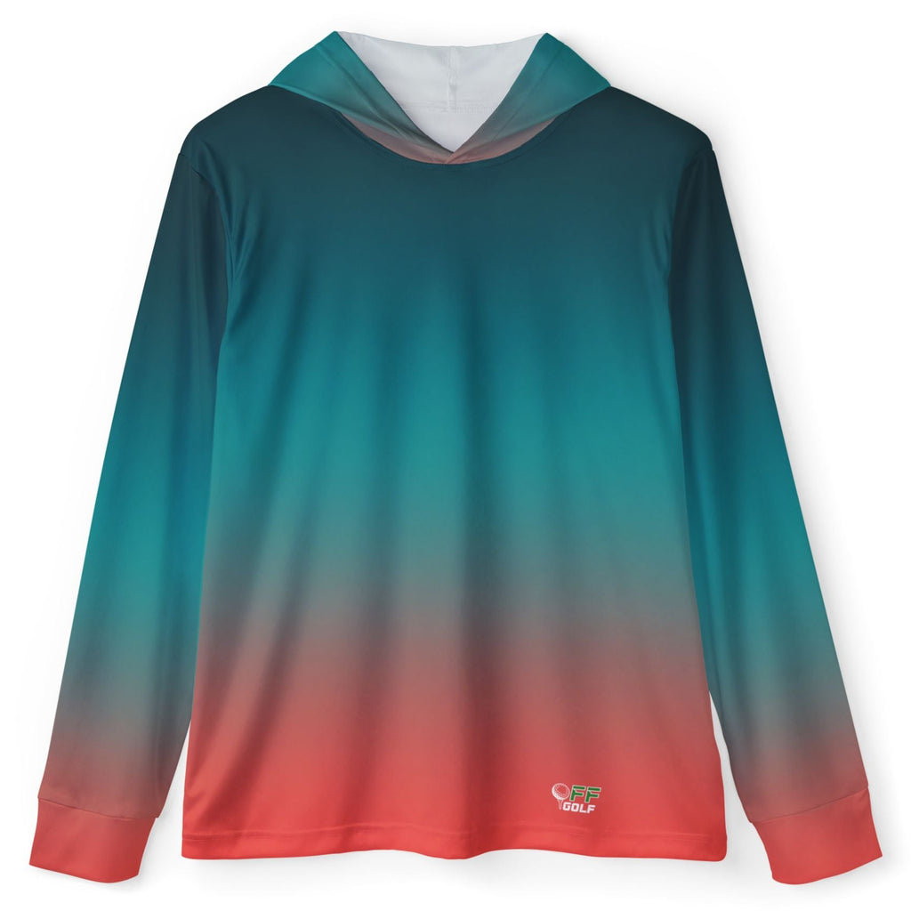 A long-sleeve hooded shirt with a smooth vertical gradient transitioning from teal and blue at the top to coral red at the bottom, displayed on a clean white background.