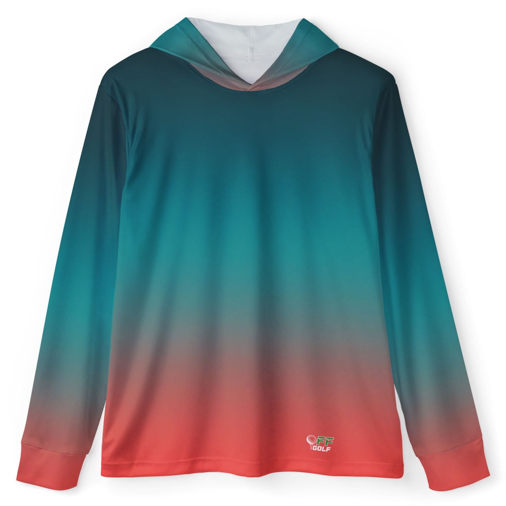 A long-sleeve hooded shirt with a smooth vertical gradient transitioning from teal and blue at the top to coral red at the bottom, displayed on a clean white background.