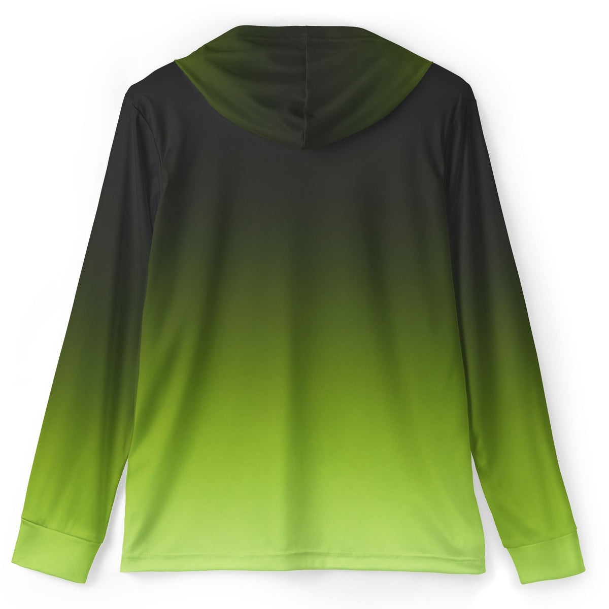 A long-sleeve hooded top shown from the back, featuring a smooth color gradient that transitions from black at the top to bright lime green at the bottom, displayed on a clean white background.