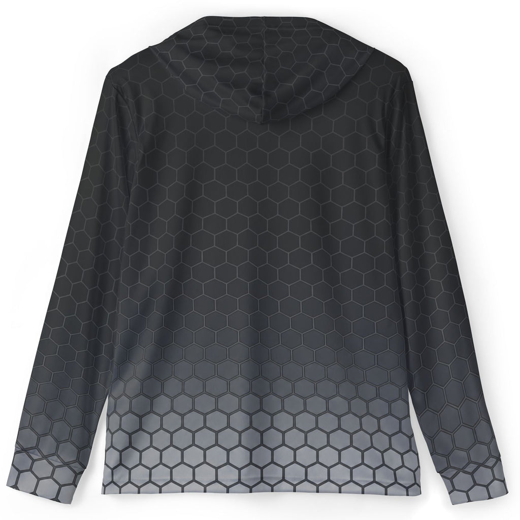 A long-sleeve hooded top shown from the back, featuring a dark gray and black hexagonal honeycomb pattern that fades into a lighter gray at the bottom hem and cuffs, displayed on a solid white background.