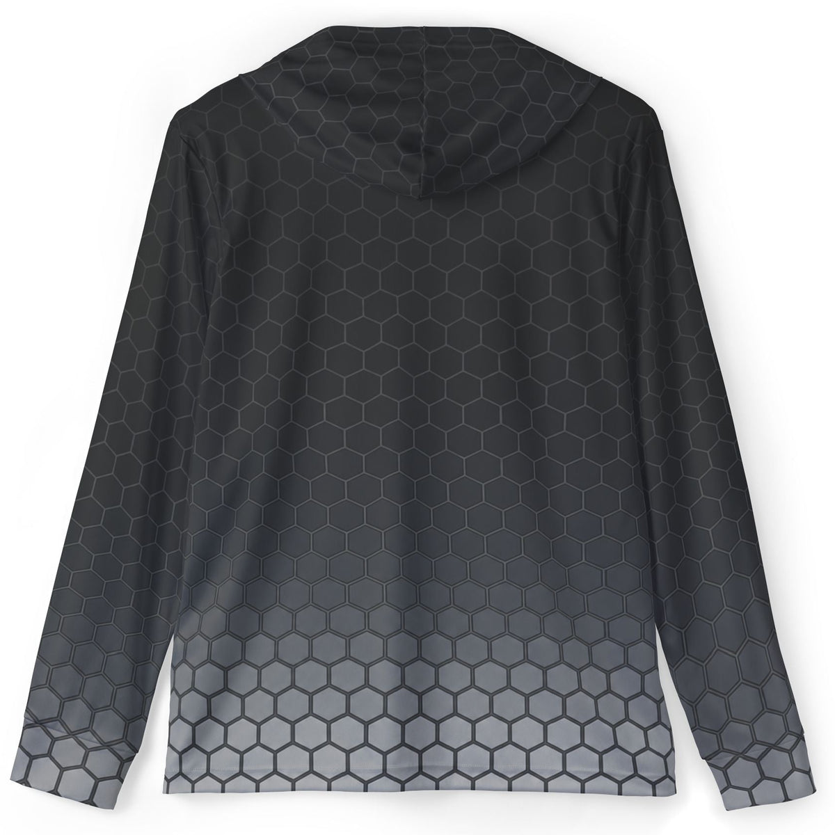 A long-sleeve hooded top shown from the back, featuring a dark gray and black hexagonal honeycomb pattern that fades into a lighter gray at the bottom hem and cuffs, displayed on a solid white background.