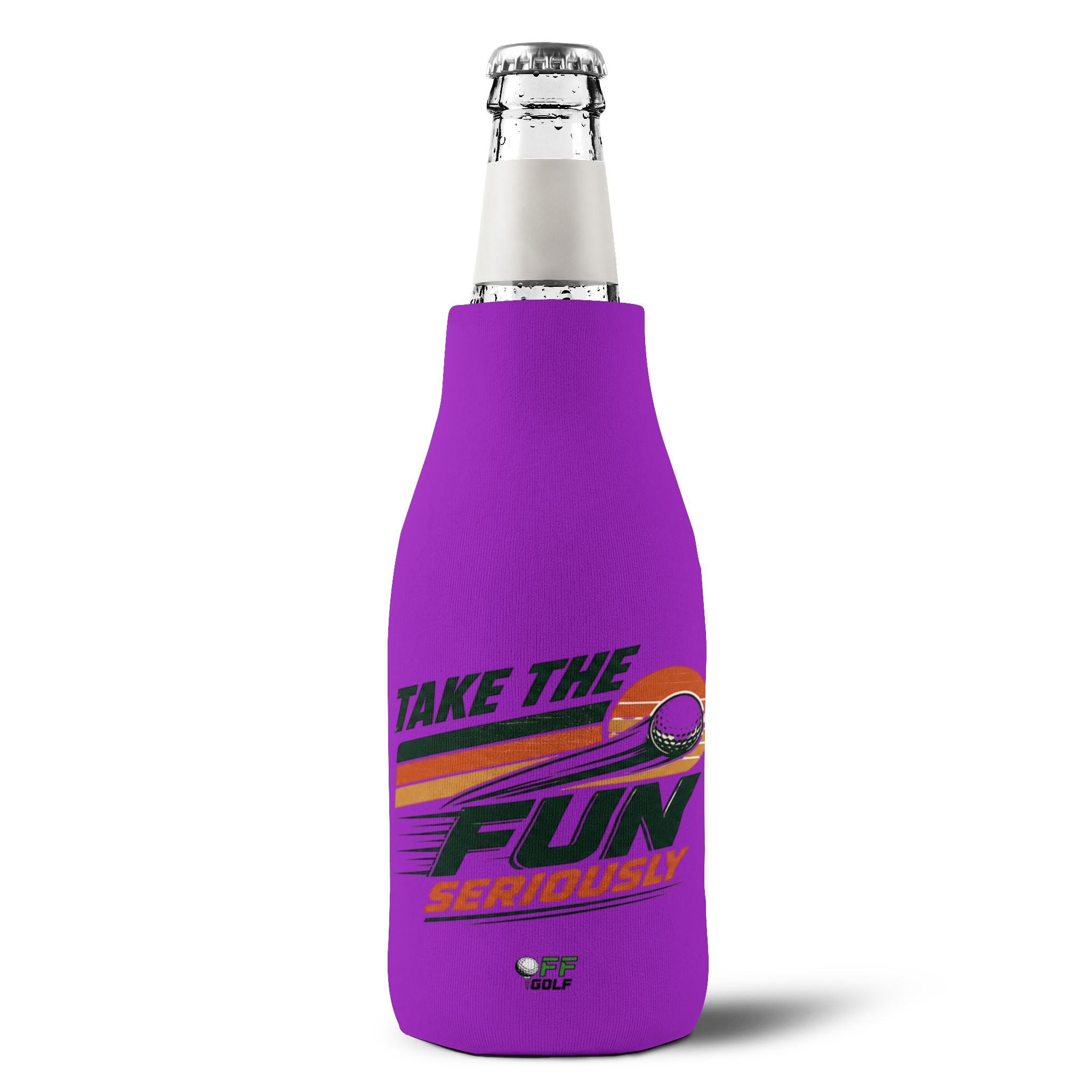 Zip-Up Bottle Cooler Sleeve — "Take the Fun Seriously" Golf Beverage Cooler - Purple