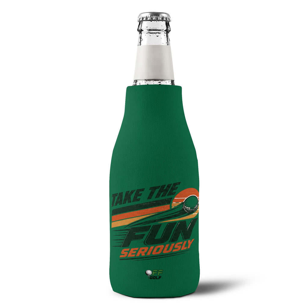Zip-Up Bottle Cooler Sleeve — "Take the Fun Seriously" Golf Beverage Cooler - Green