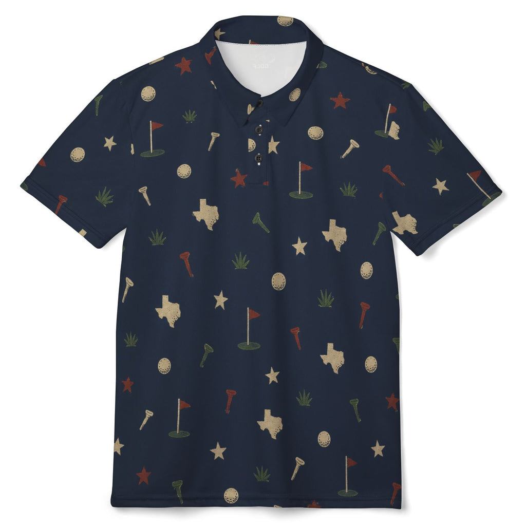 Black polo shirt with a logo on the chest against a white background