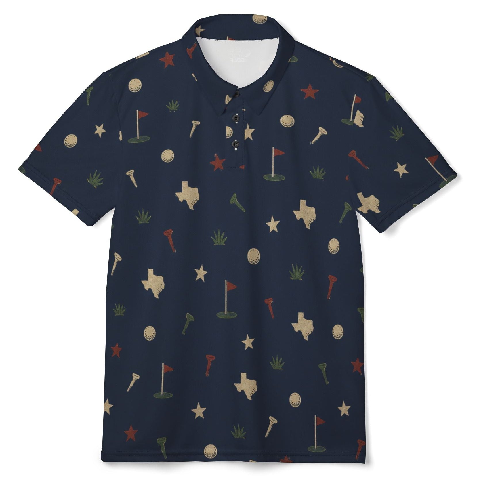 Black polo shirt with a logo on the chest against a white background