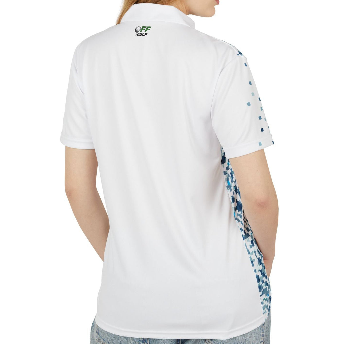 A woman shown from the back wearing a white short-sleeve polo shirt with blue patterned side panels and a small green logo on the upper back, paired with light blue jeans against a plain white background.