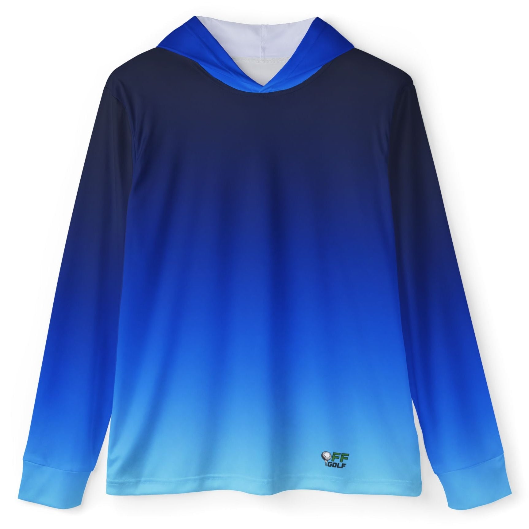 A long-sleeve hooded shirt with a blue gradient design, fading from dark navy at the top to bright blue and light blue at the bottom, shown on a plain white background.