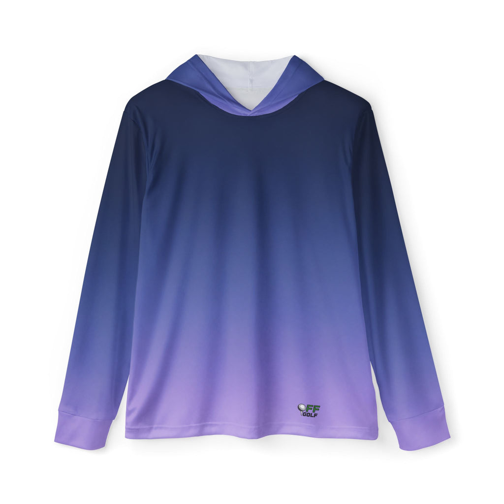 A long-sleeve hooded shirt with a smooth color gradient transitioning from dark navy blue at the top to light purple at the bottom, displayed on a clean white background.
