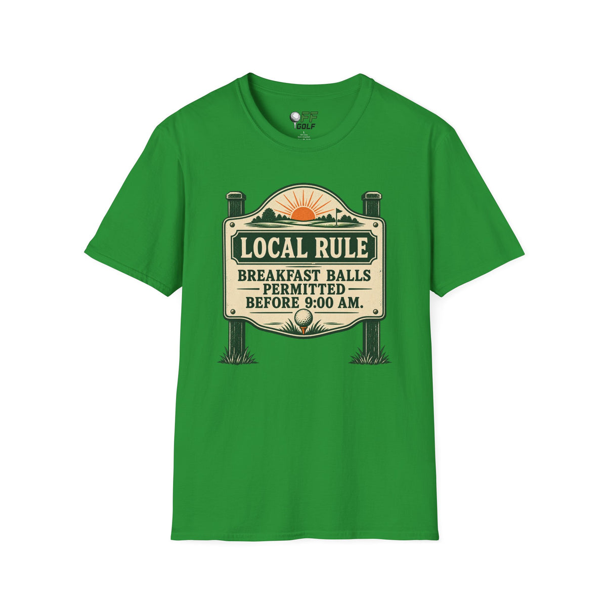 Local Rule T-Shirt — "Breakfast Balls Permitted Before 9:00 AM" Vintage Golf Sign Tee (16 Colors)