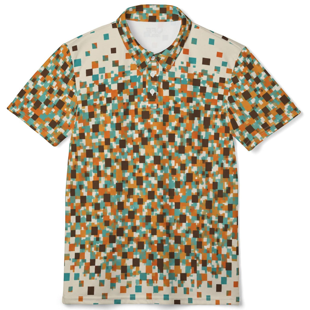 A short-sleeve polo shirt with an all-over geometric pixelated square pattern in orange, teal, brown, and white.