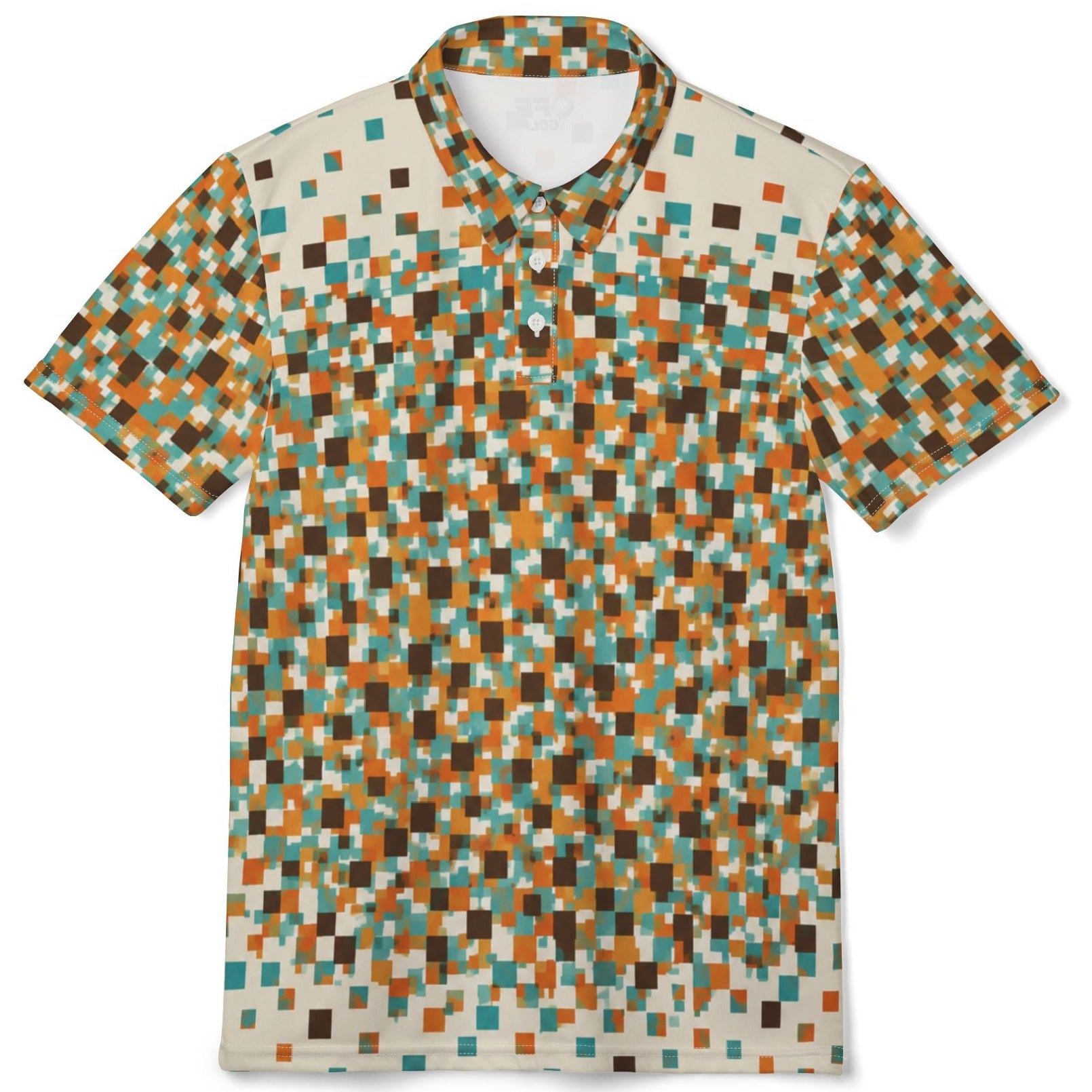 A short-sleeve polo shirt with an all-over geometric pixelated square pattern in orange, teal, brown, and white.