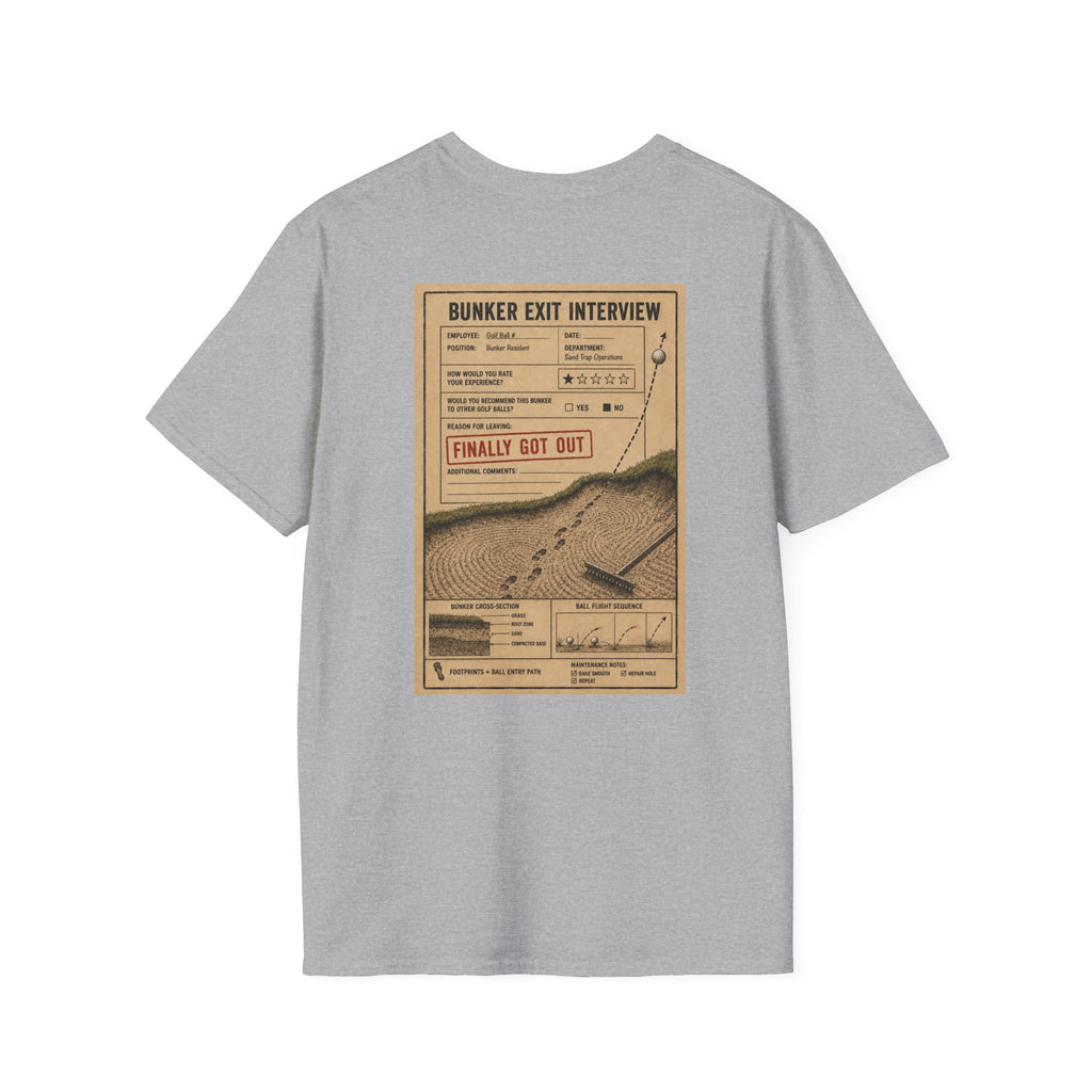 Bunker Exit Interview T-Shirt — Minimal Badge Graphic Tee (16 Colors)