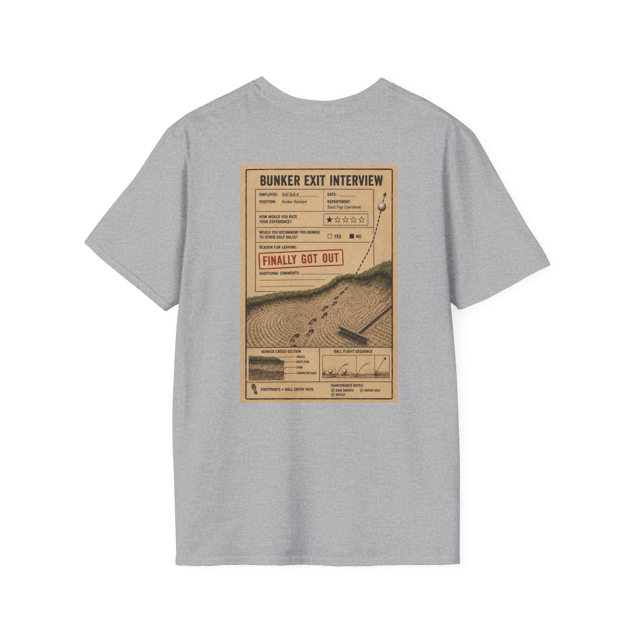 Bunker Exit Interview T-Shirt — Minimal Badge Graphic Tee (16 Colors)