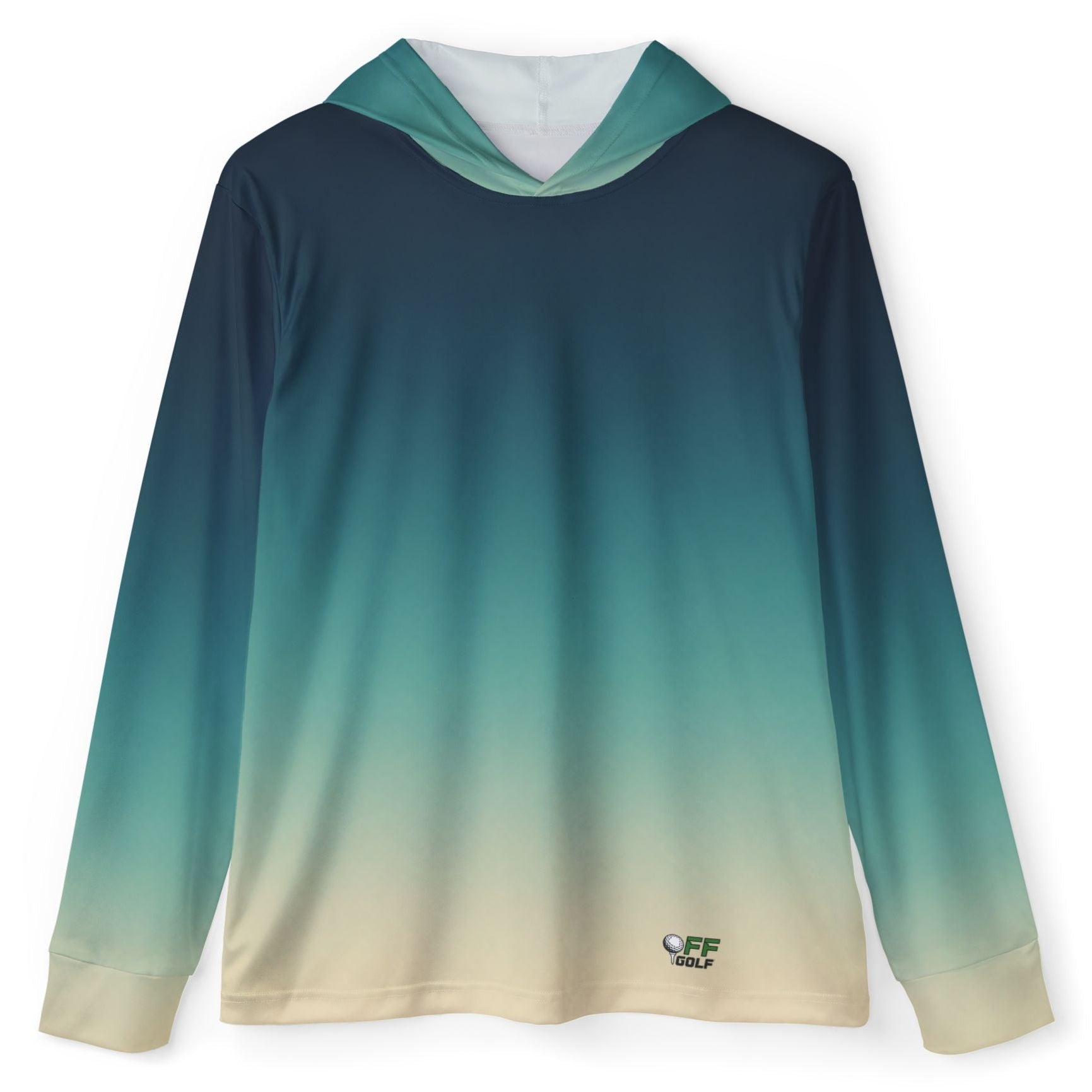 A long-sleeve hooded shirt with a smooth vertical gradient transitioning from dark navy at the top to teal and light beige at the bottom. A small green and white logo is printed on the lower left hem.