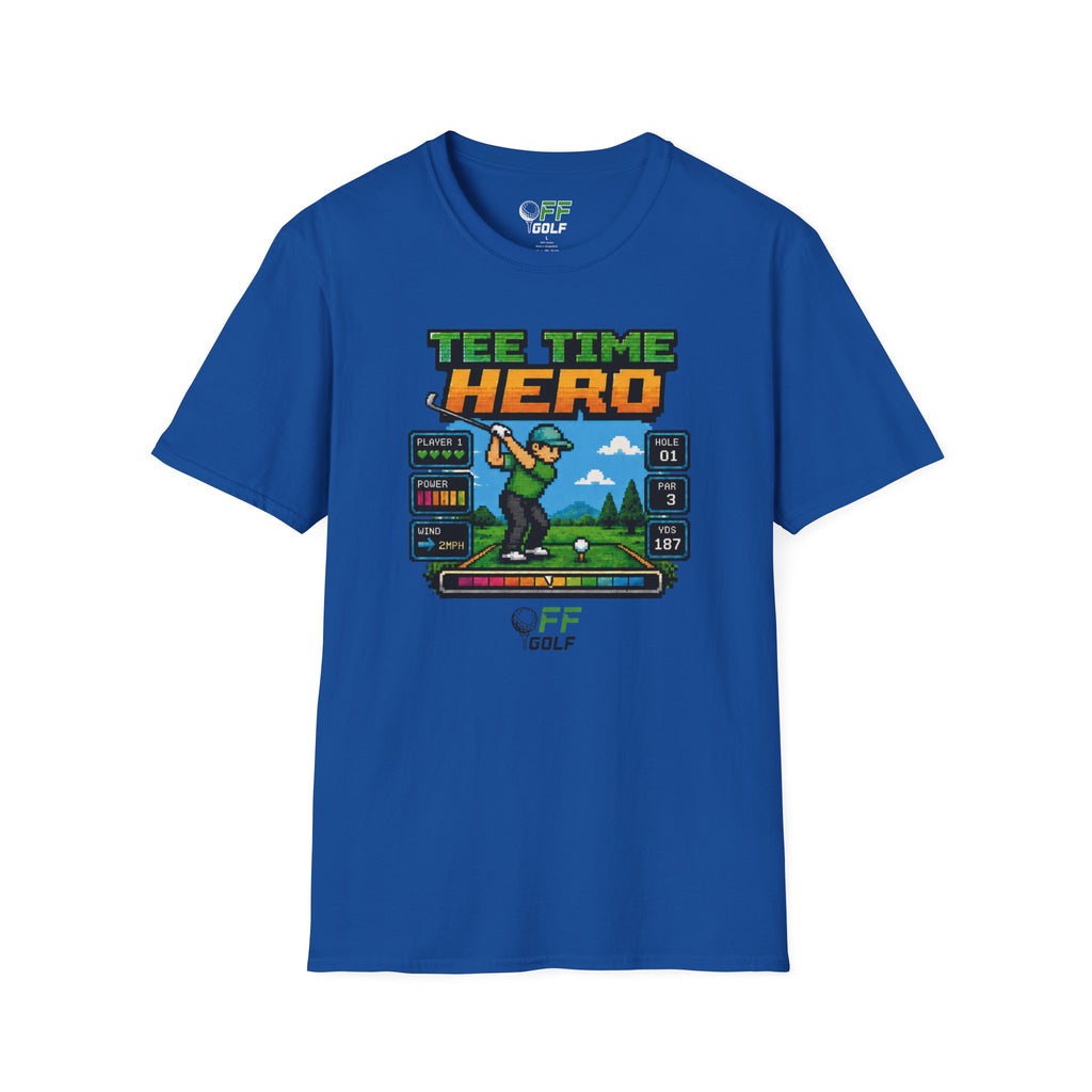 Golf T-Shirt — "Tee Time Hero" Pixel Golfing Tee (16 colors)