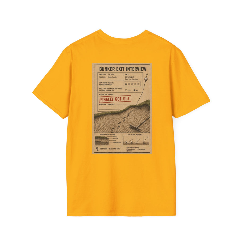 Bunker Exit Interview T-Shirt — Minimal Badge Graphic Tee (16 Colors)