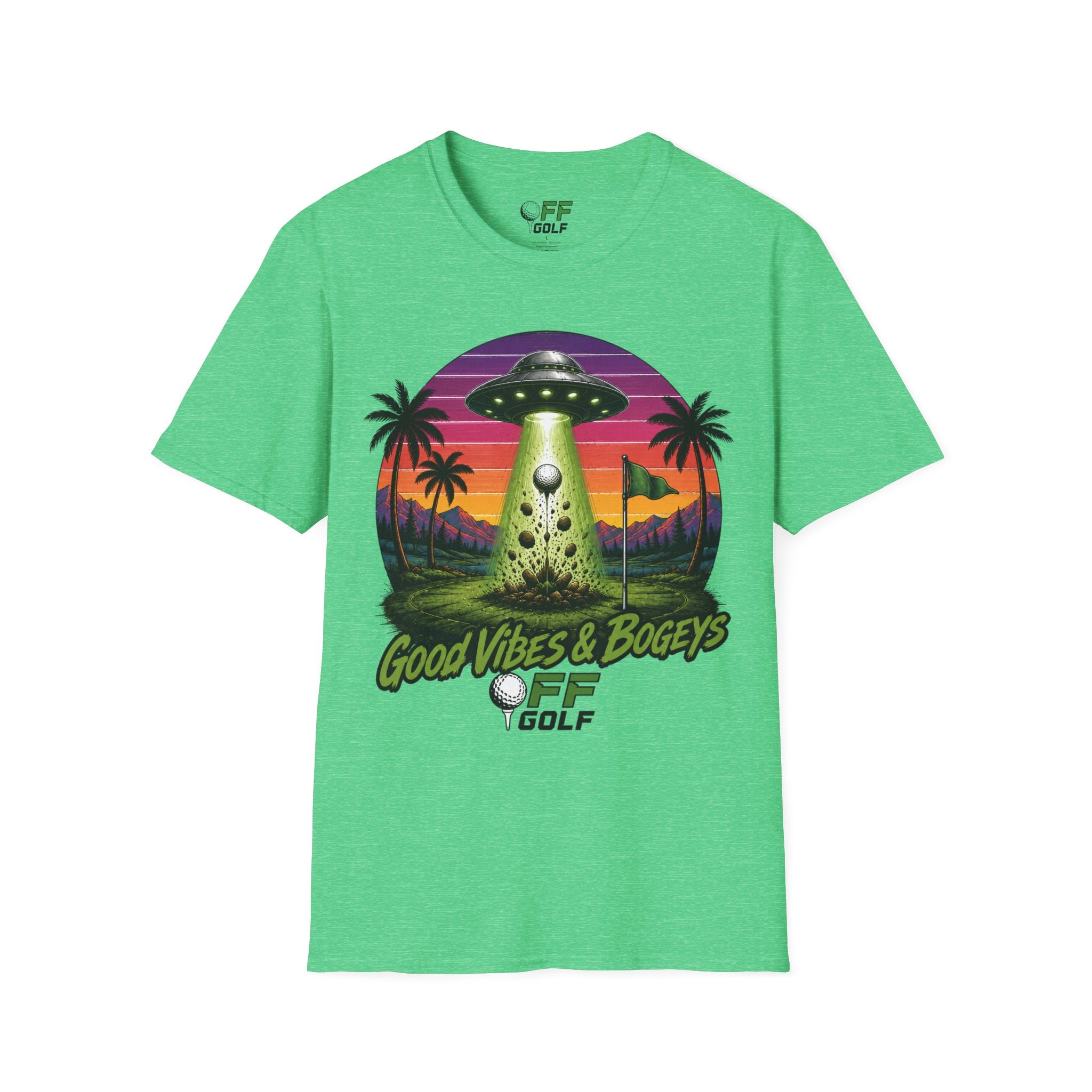 Alien Golf Retro Sunset T-Shirt — "Good Vibes & Bogeys" (16 colors)