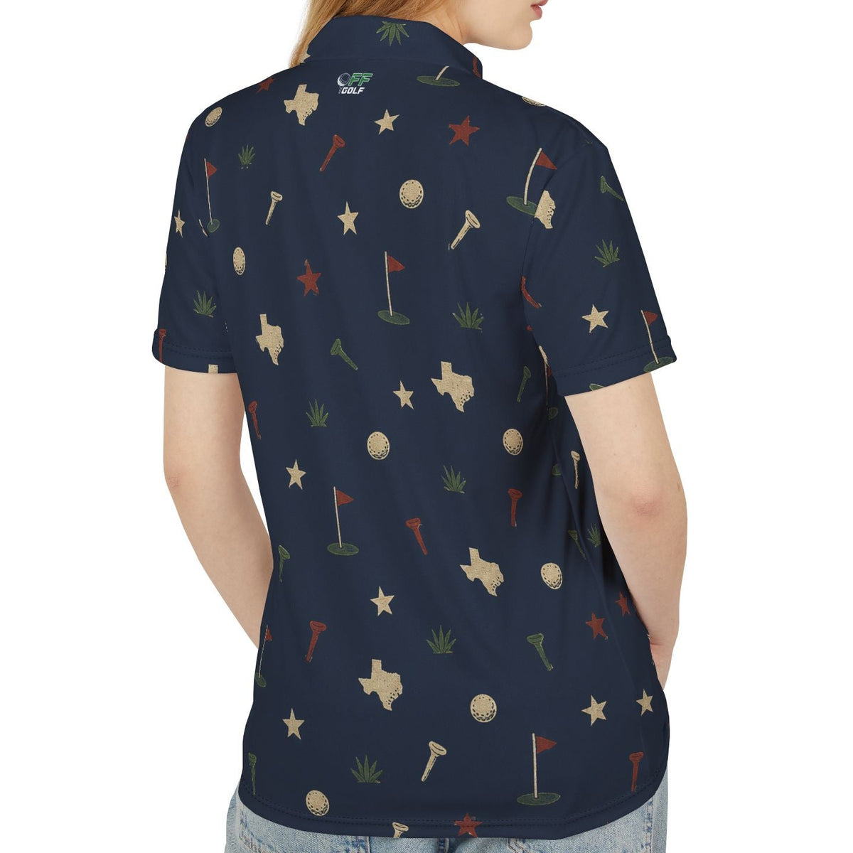 Person wearing a navy blue patterned shirt on a white background
