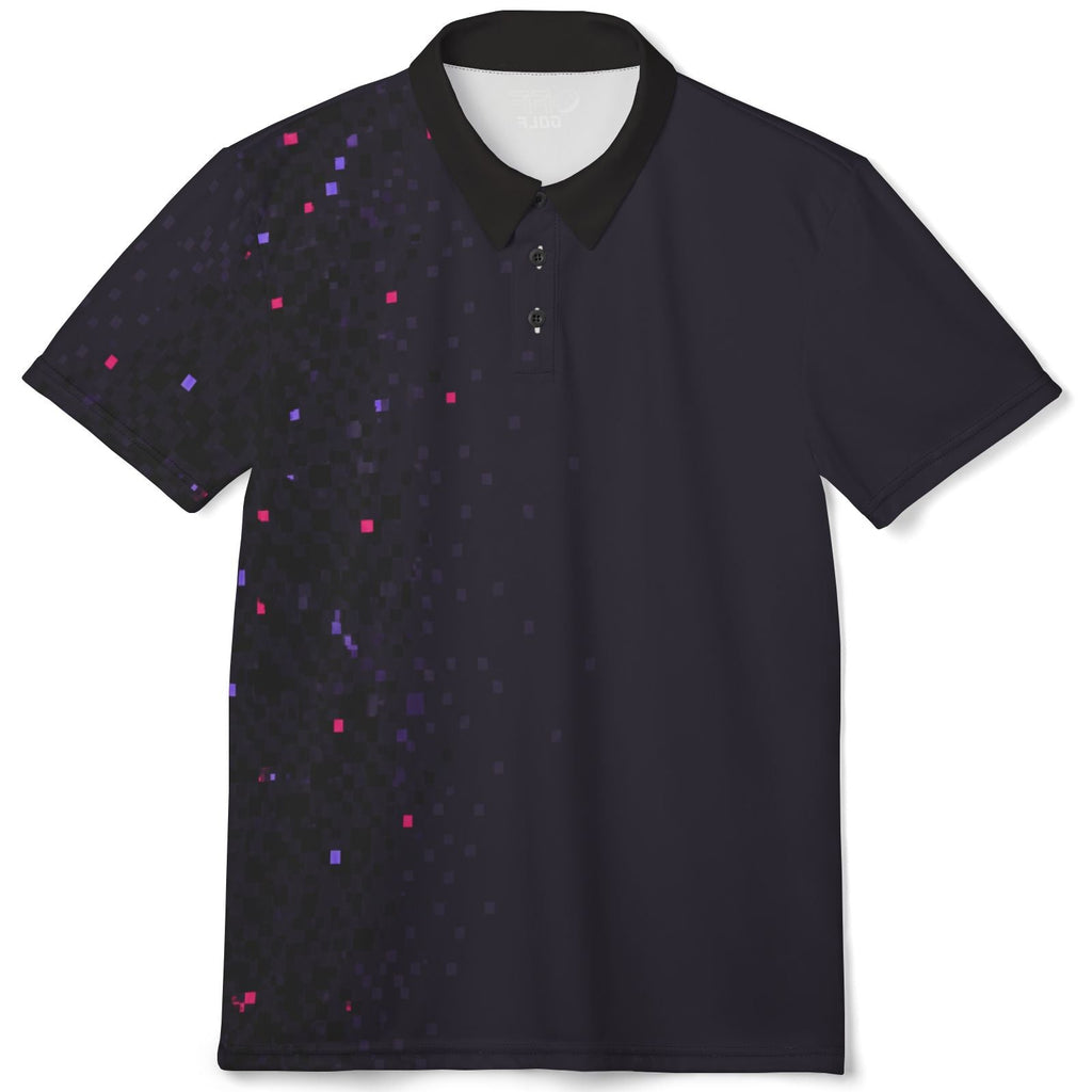 A short-sleeve polo shirt with a black collar and body, featuring a dark abstract pattern with small pink, purple, and blue square-like dots on the left side, shown on a plain white background.