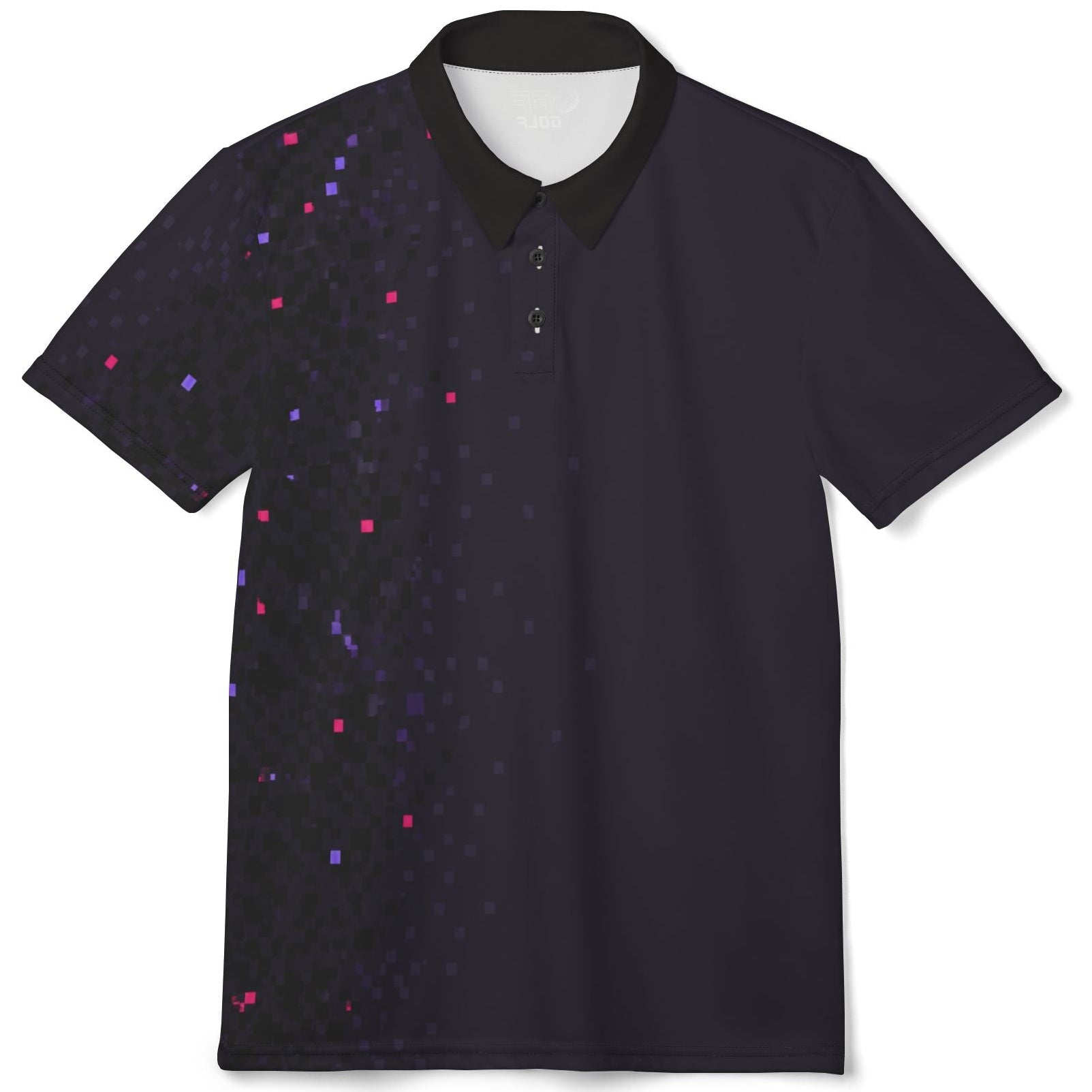 A short-sleeve polo shirt with a black collar and body, featuring a dark abstract pattern with small pink, purple, and blue square-like dots on the left side, shown on a plain white background.