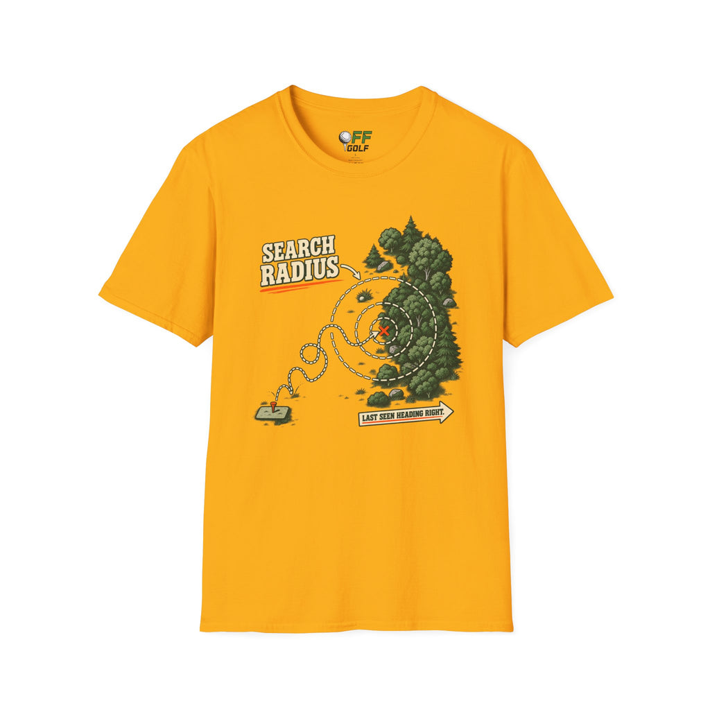 Golf Search Radius T-Shirt — Funny Golf Course Map Design (16 Colors)
